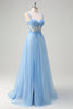 Load image into Gallery viewer, Glitter Blue A Line Sheer Corset Long Prom Dress with Slit