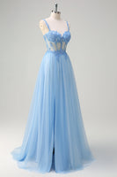 Load image into Gallery viewer, Glitter Blue A Line Sheer Corset Long Prom Dress with Slit