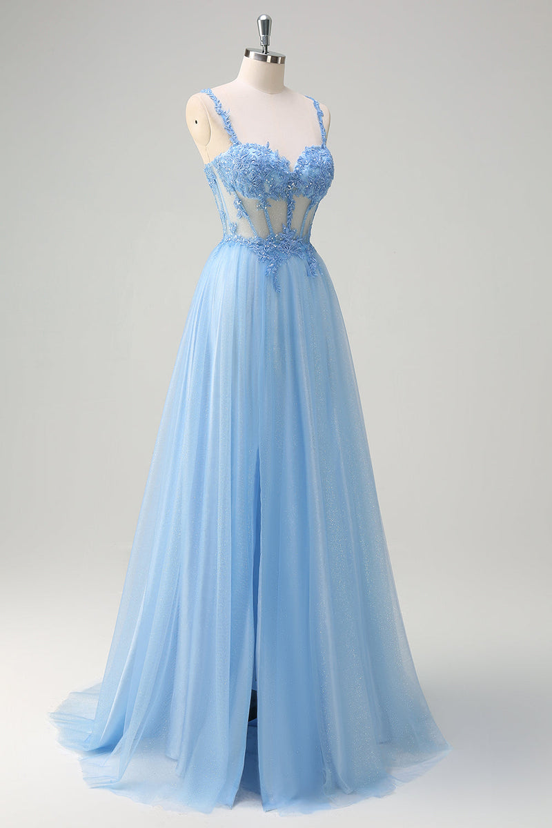 Load image into Gallery viewer, Glitter Blue A Line Sheer Corset Long Prom Dress with Slit