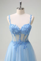 Load image into Gallery viewer, Glitter Blue A Line Sheer Corset Long Prom Dress with Slit