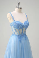 Load image into Gallery viewer, Glitter Blue A Line Sheer Corset Long Prom Dress with Slit