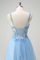 Load image into Gallery viewer, Glitter Blue A Line Sheer Corset Long Prom Dress with Slit
