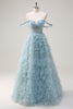 Load image into Gallery viewer, Dusty Blue Off the Shoulder Sheer Corset Long Prom Dress