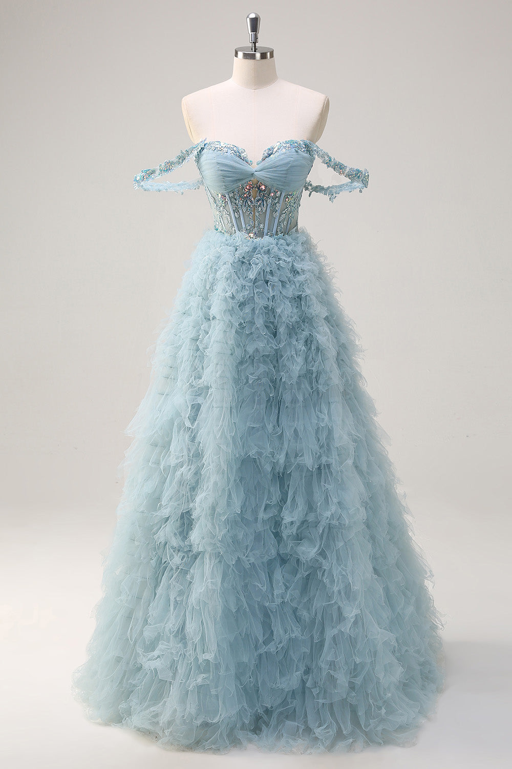 Dusty Blue Off the Shoulder Sheer Corset Long Prom Dress