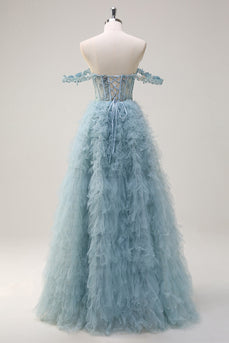 Dusty Blue Off the Shoulder Sheer Corset Long Prom Dress