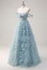 Load image into Gallery viewer, Dusty Blue Off the Shoulder Sheer Corset Long Prom Dress