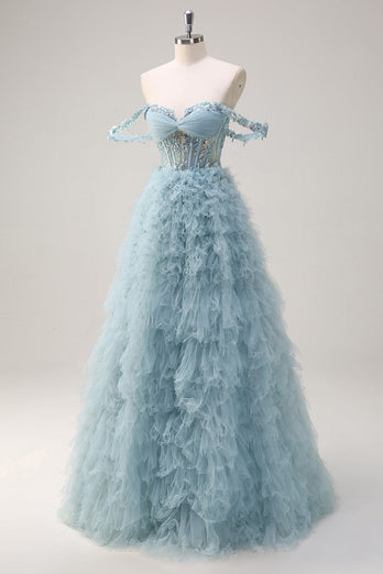 Dusty Blue Off the Shoulder Sheer Corset Long Prom Dress