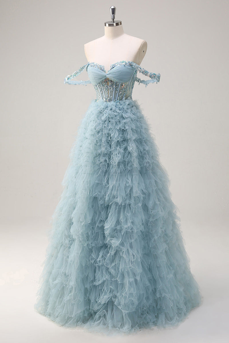 Load image into Gallery viewer, Dusty Blue Off the Shoulder Sheer Corset Long Prom Dress