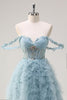 Load image into Gallery viewer, Dusty Blue Off the Shoulder Sheer Corset Long Prom Dress
