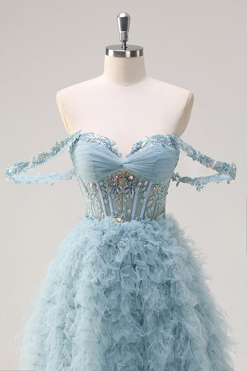 Dusty Blue Off the Shoulder Sheer Corset Long Prom Dress