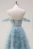 Load image into Gallery viewer, Dusty Blue Off the Shoulder Sheer Corset Long Prom Dress