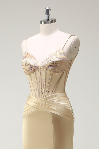 Mermaid Golden Corset Long Prom Dress with Slit