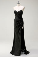 Load image into Gallery viewer, Sparkly Strapless Black Sequin Prom Dress With Slit