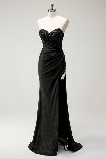 Sparkly Strapless Black Sequin Prom Dress With Slit