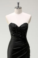 Load image into Gallery viewer, Sparkly Strapless Black Sequin Prom Dress With Slit