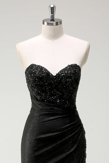 Sparkly Strapless Black Sequin Prom Dress With Slit