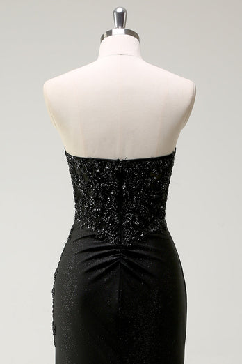 Sparkly Strapless Black Sequin Prom Dress With Slit