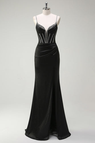 Black Mermaid Corset Spaghetti Straps Prom Dress With Slit