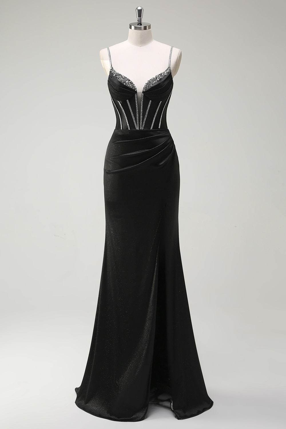 Black Mermaid Corset Spaghetti Straps Prom Dress With Slit