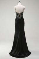 Load image into Gallery viewer, Black Mermaid Corset Spaghetti Straps Prom Dress With Slit