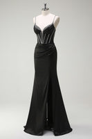 Load image into Gallery viewer, Black Mermaid Corset Spaghetti Straps Prom Dress With Slit