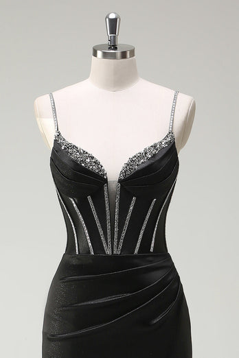 Black Mermaid Corset Spaghetti Straps Prom Dress With Slit