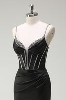 Load image into Gallery viewer, Black Mermaid Corset Spaghetti Straps Prom Dress With Slit