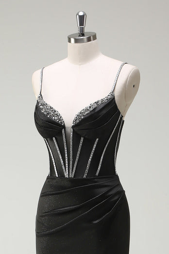 Black Mermaid Corset Spaghetti Straps Prom Dress With Slit