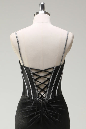 Black Mermaid Corset Spaghetti Straps Prom Dress With Slit