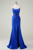 Load image into Gallery viewer, Royal Blue Mermaid Corset Appliqued Long Prom Dress
