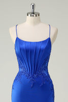 Load image into Gallery viewer, Royal Blue Mermaid Corset Appliqued Long Prom Dress