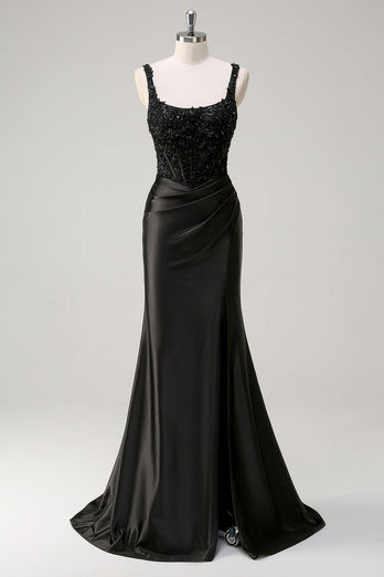 Sheath Black Spaghetti Straps Corset Beaded Long Prom Dress with Slit