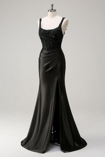 Sheath Black Spaghetti Straps Corset Beaded Long Prom Dress with Slit