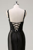 Load image into Gallery viewer, Sheath Black Spaghetti Straps Corset Beaded Long Prom Dress with Slit