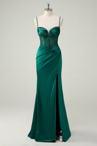 Dark Green Mermaid Spaghetti Straps Corset Long Prom Dress