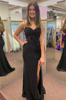 Load image into Gallery viewer, Spaghetti Straps Beaded Black Appliques Mermaid Long Prom Dress with Slit