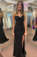 Load image into Gallery viewer, Spaghetti Straps Beaded Black Appliques Mermaid Long Prom Dress with Slit