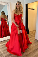 Load image into Gallery viewer, A Line Red Strapless Corset Long Prom Dress with Slit