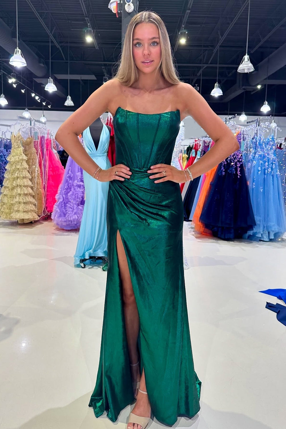 Sparkly Dark Green Corset Ruched Mermaid Long Prom Dress with Slit