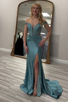 Load image into Gallery viewer, Sparkly Grey Green Corset Beaded Off the Shoulder Mermaid Prom Dress with Slit