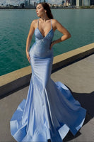 Load image into Gallery viewer, Blue Spaghetti Straps Mermaid Long Prom Dress with Beading
