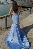 Load image into Gallery viewer, Blue Spaghetti Straps Mermaid Long Prom Dress with Beading
