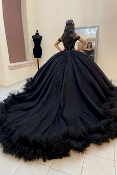 Off the Shoulder Black Appliques Long Quinceanera Dress