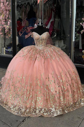 Glitter Blush Long Tiered Quinceanera Dress with Gold Appliques