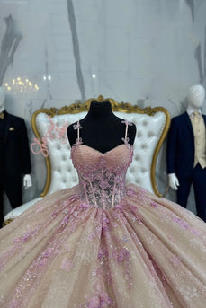 Blush Champagne Corset Spaghetti Straps Long Ball Gown with Appliques