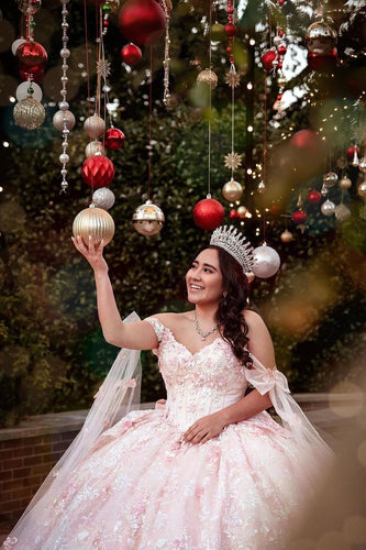 Light Pink Off the Shoulder Corset Long Quinceanera Dress with Appliques