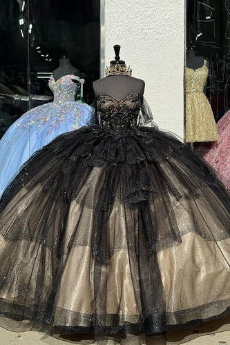 Black Apricot Ruffles Sweet 16 Birthday Ball Gown with Polka Dots