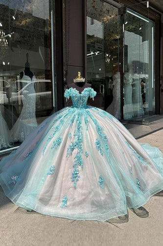 Sparkly Green Appliques Off the Shoulder Long Ball Gown with Sequins