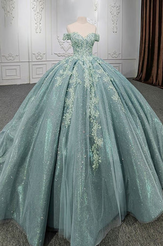 Glitter Grey Green Off the Shoulder Pleated Long Ball Gown with Appliques