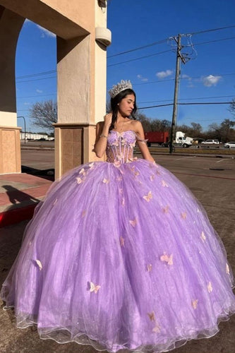 Sparkly Beaded Corset Spaghetti Straps Long Purple Ball Gown with Butterfly Appliques
